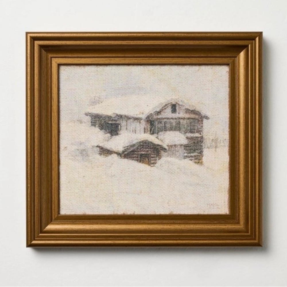 Hearth & Hand Magnolia 10”x11” Snowy Cabin Burlap Framed Holiday 2025 Wall Art